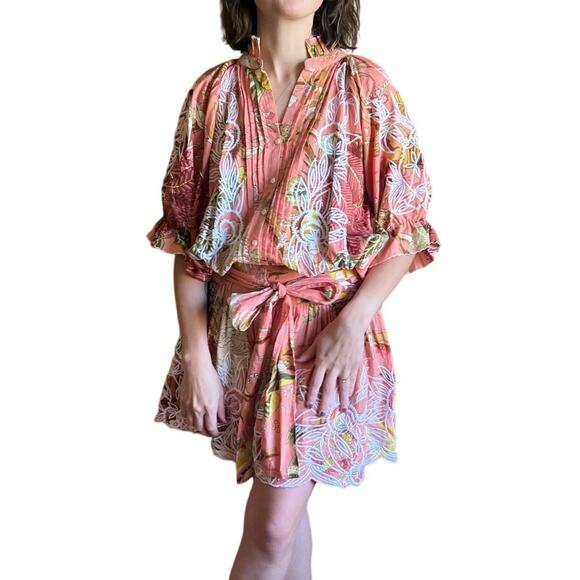 Juliet Dunn Pink Floral Cotton Dropwaist Blouson Puff Sleeve Dress US 2 4 - Picture 1 of 6